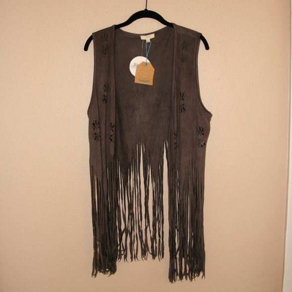 Kori America Sleeveless Fringe Jacket with flower cut outs - Picture 1 of 6